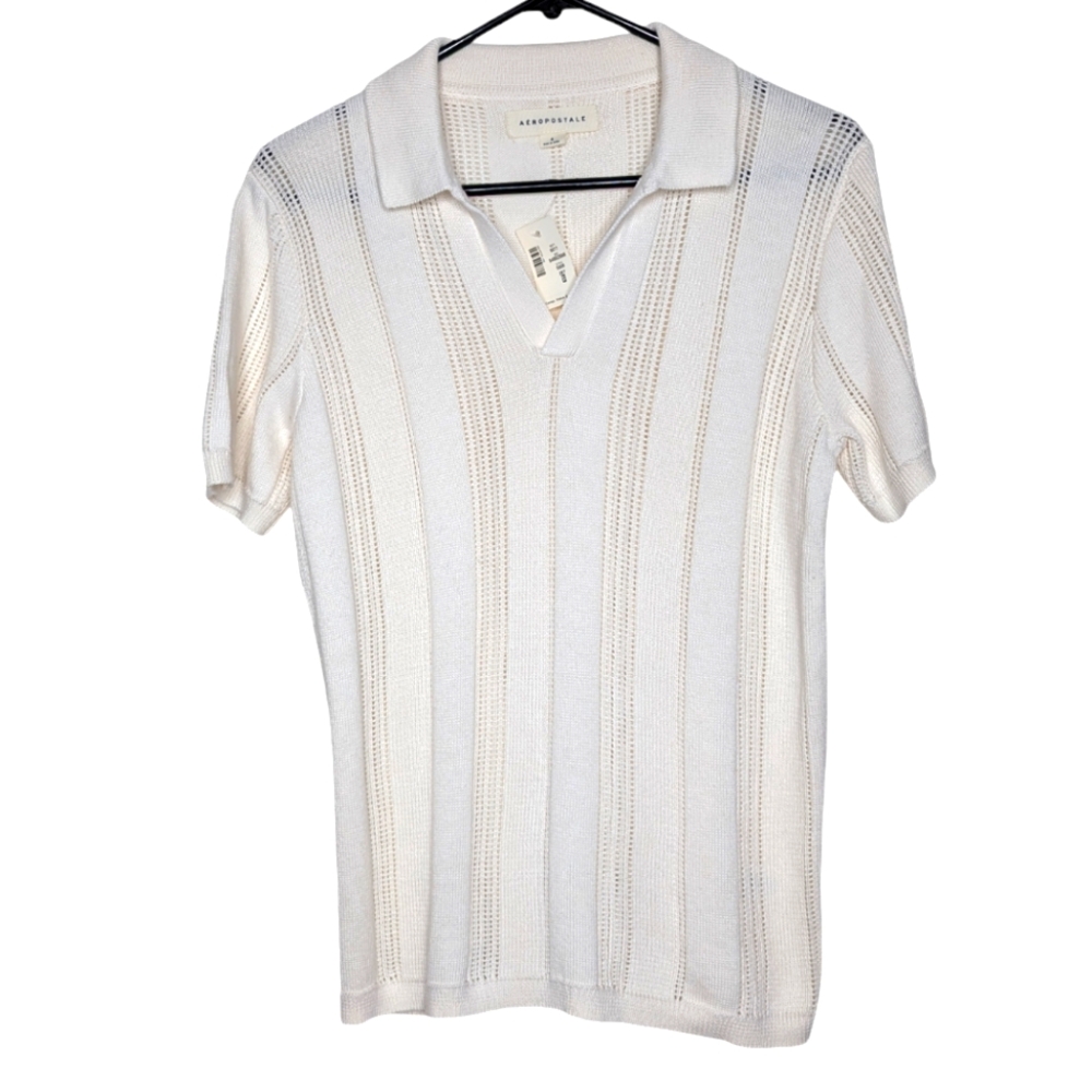 Aeropostale Women New White Cream V Neck Short Sleeve Knit Blouse Size Small NWT